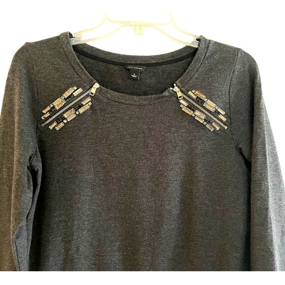 Ann Taylor Charcoal‎ Gray Jeweled/Gems/Crystal with Zipper Sweatshirt Size Small - Picture 3 of 6